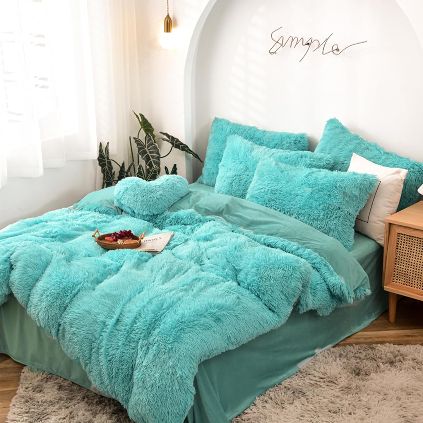 5 PCS Shaggy Duvet Cover Bedding Set - Fluffy Comforter Cover Long Faux Fur Luxury Ultra Soft Cozy (Ice Cream, Full/Queen)