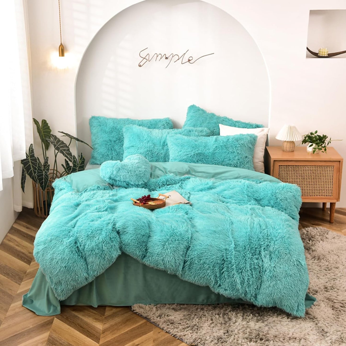 5 PCS Shaggy Duvet Cover Bedding Set - Fluffy Comforter Cover Long Faux Fur Luxury Ultra Soft Cozy (Ice Cream, Full/Queen)