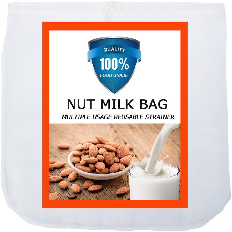 Nut Milk Bag, Pro Quality Multiple Usage Reusable Food Strainer, Cold Brew Coffee Bag Cheese Cloth, Ultra Fine Nylon Mesh Food Grade for Almond/Soy Milk, Juice, Coffee, Tea, 12"X12"