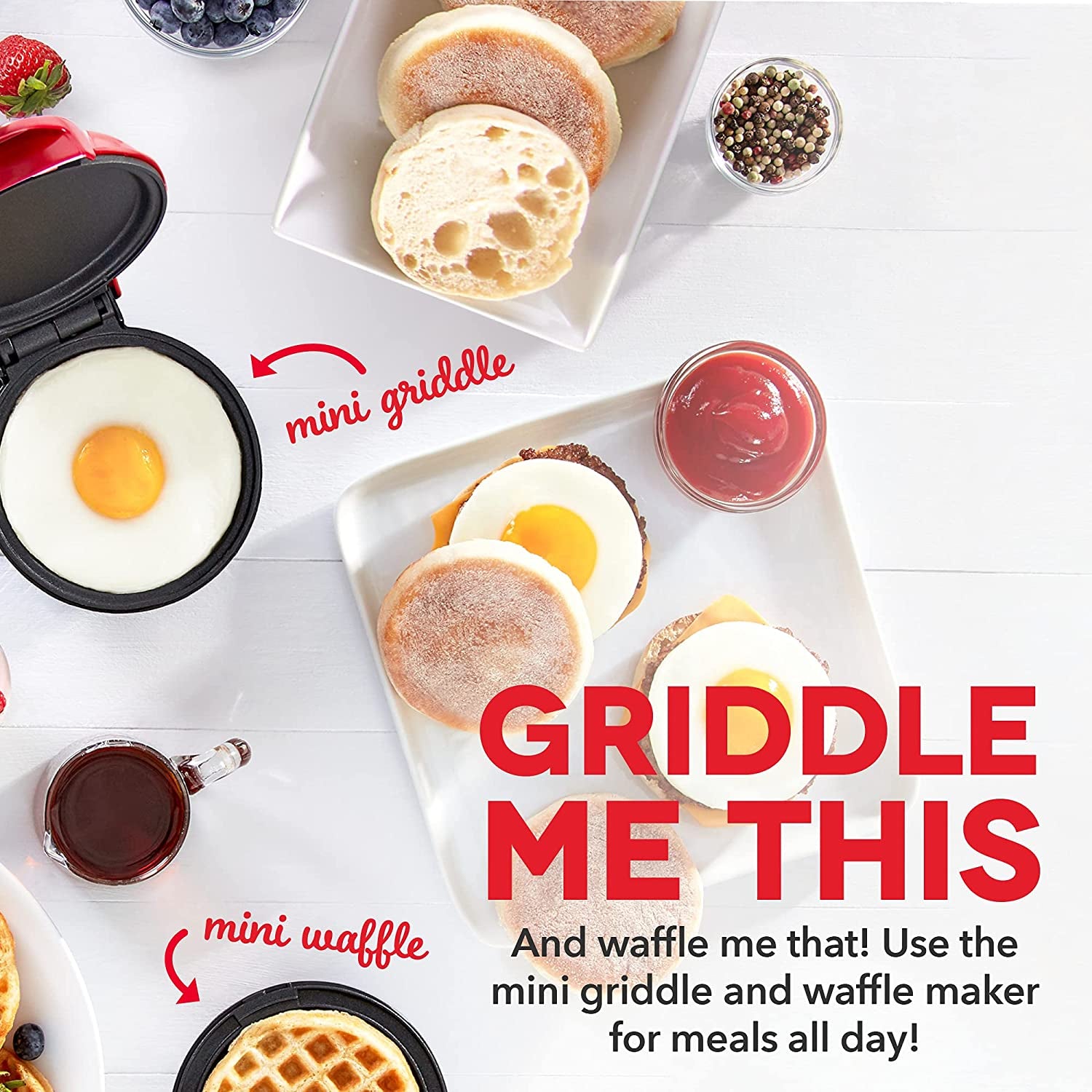 Mini Maker Set - Customized Treat Maker - Supports Multi-Function Cooking - Easy Cleanup and User-Friendly Design - Red - Waffle & Griddle Irons