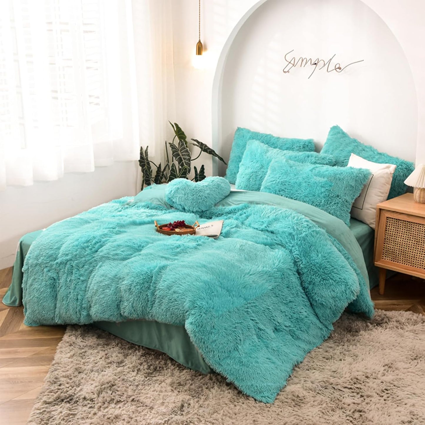 5 PCS Shaggy Duvet Cover Bedding Set - Fluffy Comforter Cover Long Faux Fur Luxury Ultra Soft Cozy (Ice Cream, Full/Queen)