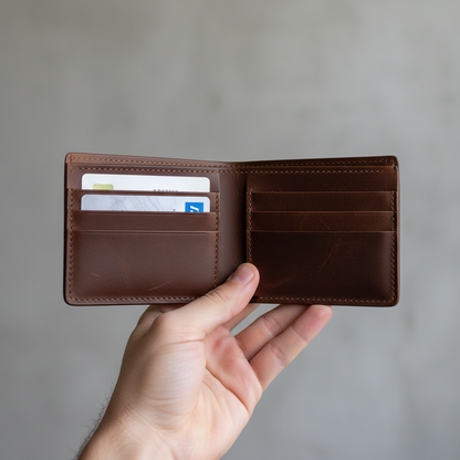 Minimalist leather wallet open showing card slots