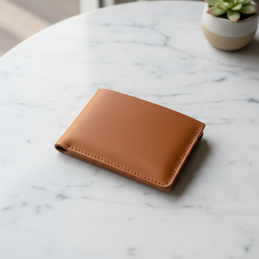 Minimalist leather wallet flat lay on white marble